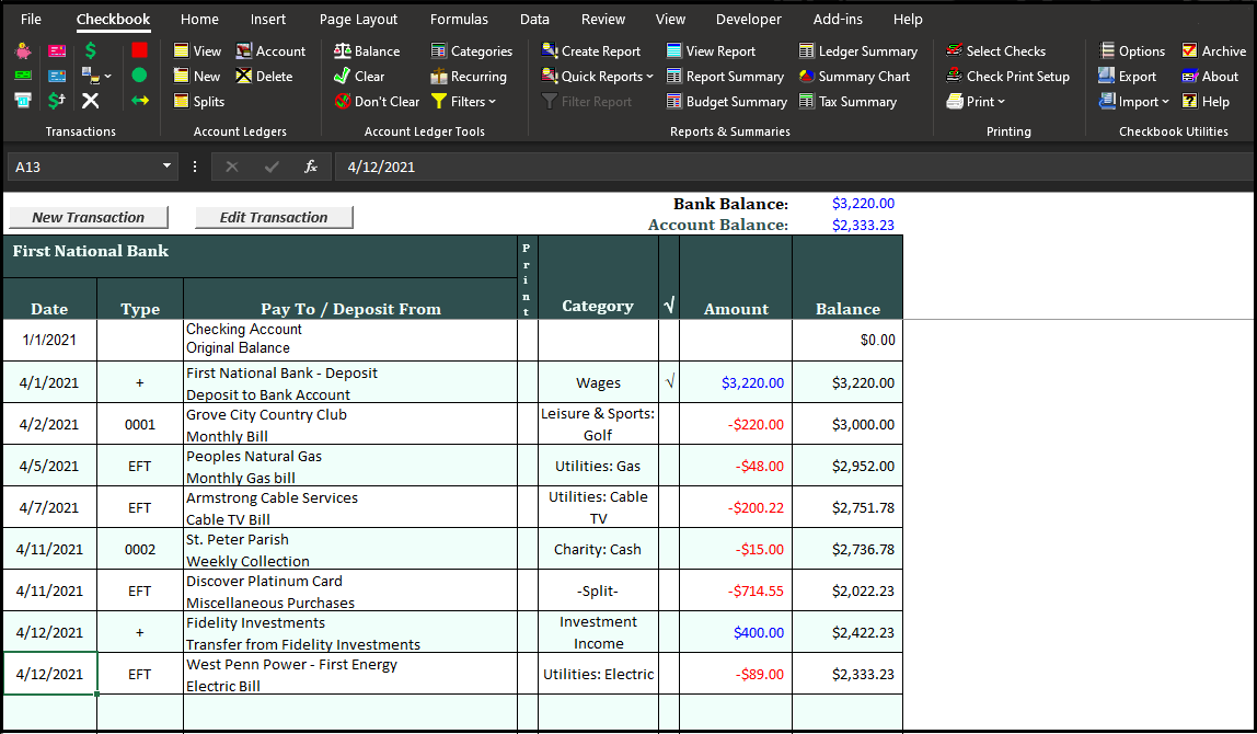 Checkbook For Excel 